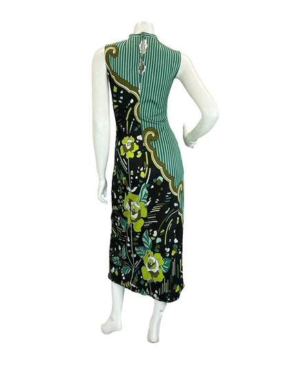 VTG 60S 70S GREEN BROWN WHITE BLACK PSYCHEDELIC STRIPED ROSE MAXI DRESS 10 12
