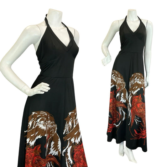 VTG 60S 70S BLACK BROWN WHITE RED ROOSTER CHICKEN HALTER NECK MAXI DRESS 8