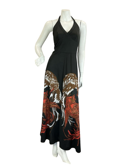 VTG 60S 70S BLACK BROWN WHITE RED ROOSTER CHICKEN HALTER NECK MAXI DRESS 8
