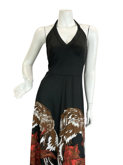 VTG 60S 70S BLACK BROWN WHITE RED ROOSTER CHICKEN HALTER NECK MAXI DRESS 8