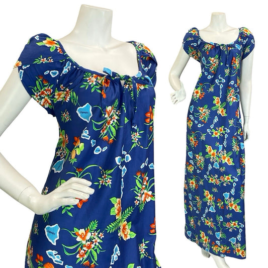 VTG 70S BLUE ORANGE GREEN WHITE HAWAIIAN ISLAND FRUIT HIBISCUS MAXI DRESS 16