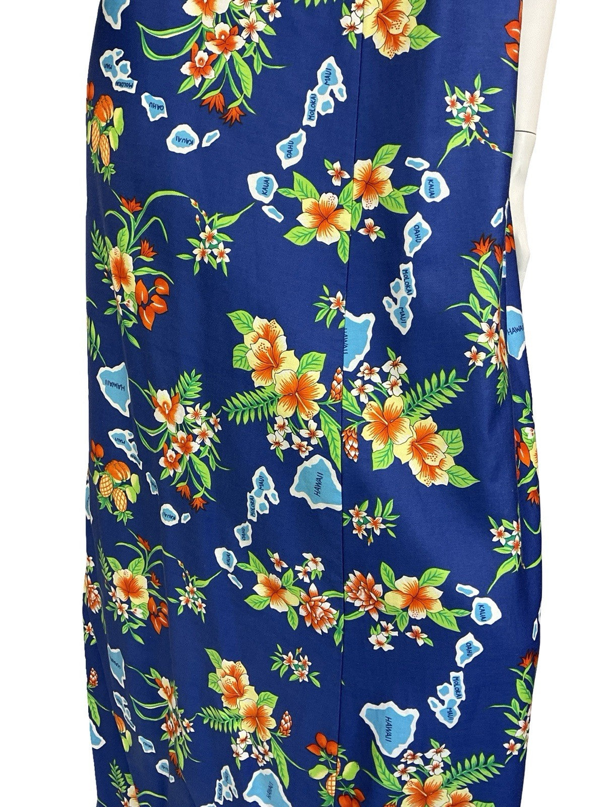 VTG 70S BLUE ORANGE GREEN WHITE HAWAIIAN ISLAND FRUIT HIBISCUS MAXI DRESS 16