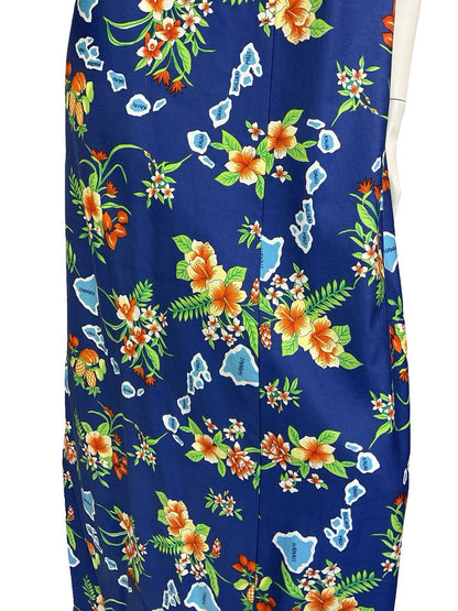 VTG 70S BLUE ORANGE GREEN WHITE HAWAIIAN ISLAND FRUIT HIBISCUS MAXI DRESS 16