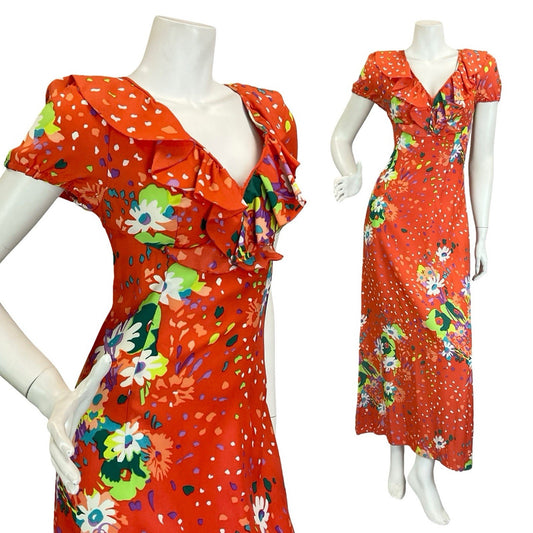 VTG 60S 70S ORANGE GREEN PURPLE WHITE RUFFLE PUFF SLEEVE FLORAL MAXI DRESS 8 6