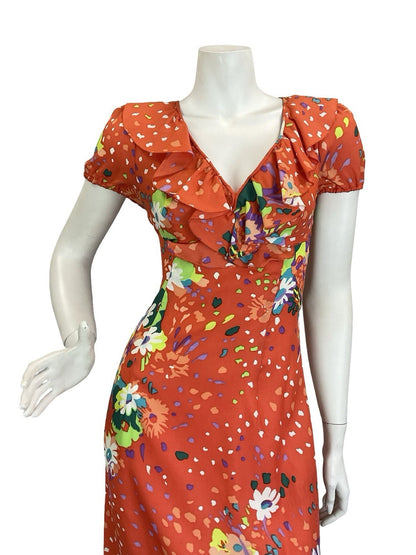 VTG 60S 70S ORANGE GREEN PURPLE WHITE RUFFLE PUFF SLEEVE FLORAL MAXI DRESS 8 6