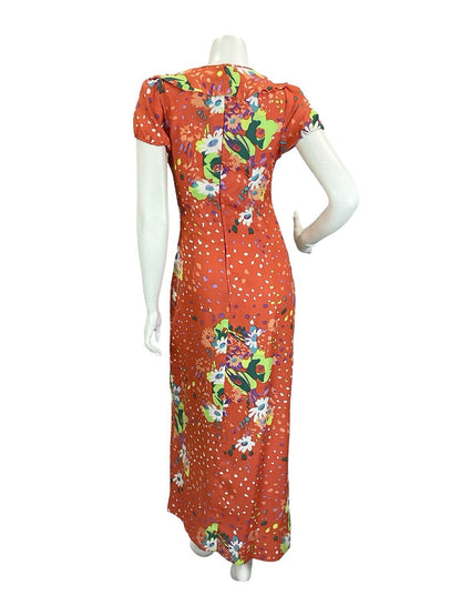 VTG 60S 70S ORANGE GREEN PURPLE WHITE RUFFLE PUFF SLEEVE FLORAL MAXI DRESS 8 6