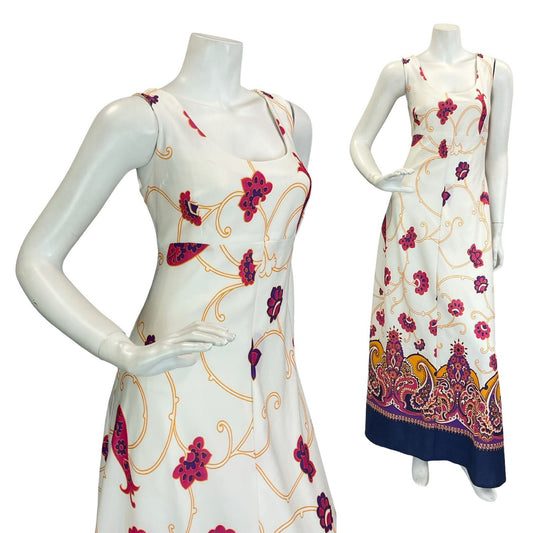 VTG 60S 70S WHITE YELLOW PINK PURPLE PSYCHEDELIC FLORAL EMPIRE MAXI DRESS 10 12