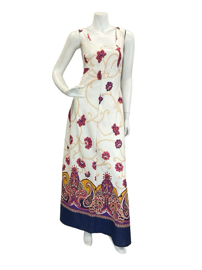 VTG 60S 70S WHITE YELLOW PINK PURPLE PSYCHEDELIC FLORAL EMPIRE MAXI DRESS 10 12