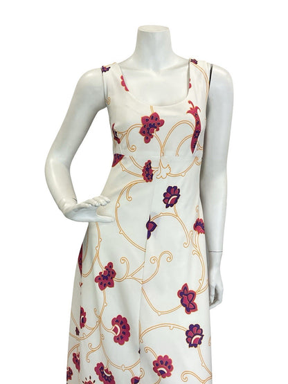 VTG 60S 70S WHITE YELLOW PINK PURPLE PSYCHEDELIC FLORAL EMPIRE MAXI DRESS 10 12