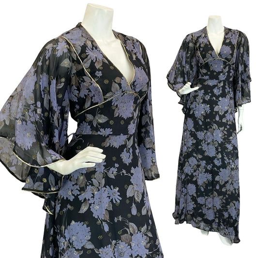 VTG 70S VERA MONT BLACK BLUE GOLD FLORAL BUTTERFLY SLEEVE FLOATY MAXI DRESS 10