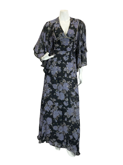 VTG 70S VERA MONT BLACK BLUE GOLD FLORAL BUTTERFLY SLEEVE FLOATY MAXI DRESS 10