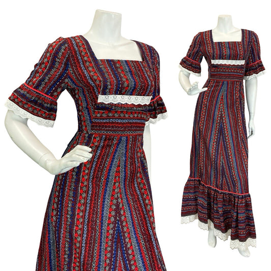 VTG 60S 70S RED WHITE BLUE BLACK COTTAGE RUFFLE FLORAL STRIPE MAXI DRESS 8