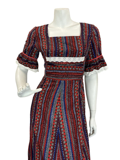 VTG 60S 70S RED WHITE BLUE BLACK COTTAGE RUFFLE FLORAL STRIPE MAXI DRESS 8
