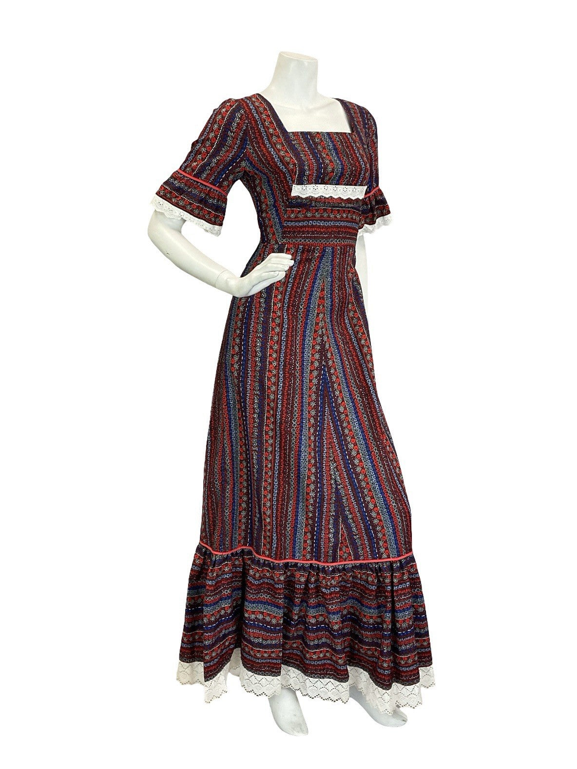 VTG 60S 70S RED WHITE BLUE BLACK COTTAGE RUFFLE FLORAL STRIPE MAXI DRESS 8