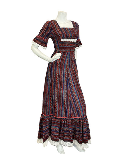 VTG 60S 70S RED WHITE BLUE BLACK COTTAGE RUFFLE FLORAL STRIPE MAXI DRESS 8