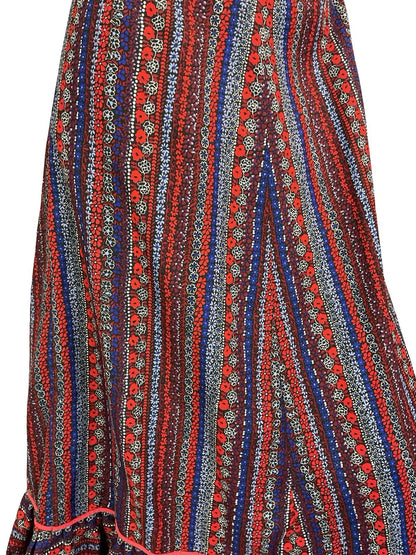 VTG 60S 70S RED WHITE BLUE BLACK COTTAGE RUFFLE FLORAL STRIPE MAXI DRESS 8