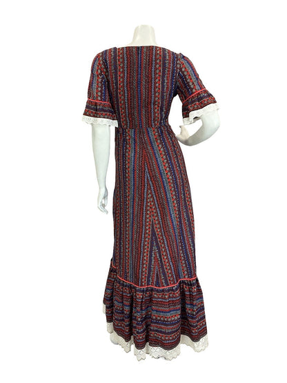 VTG 60S 70S RED WHITE BLUE BLACK COTTAGE RUFFLE FLORAL STRIPE MAXI DRESS 8