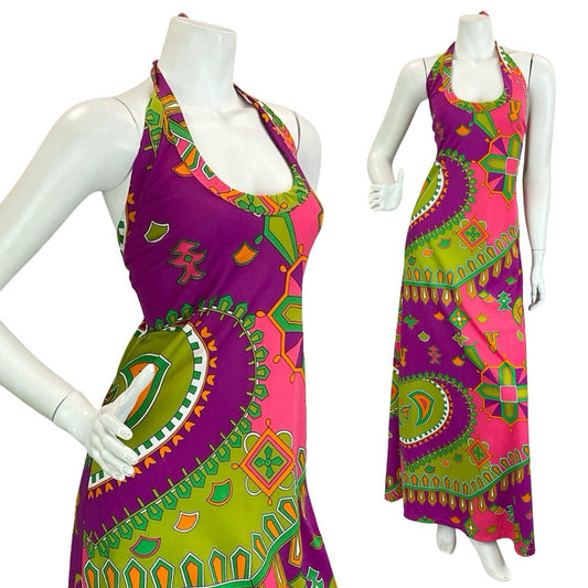 VTG 70S PINK PURPLE GREEN ORANGE AZTEC GEOMETRIC HALTER NECK MAXI DRESS 10 12