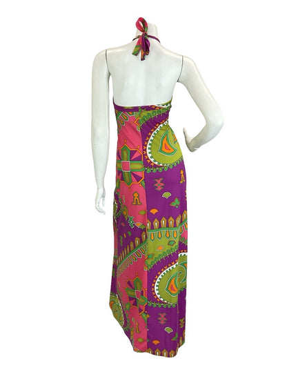 VTG 70S PINK PURPLE GREEN ORANGE AZTEC GEOMETRIC HALTER NECK MAXI DRESS 10 12