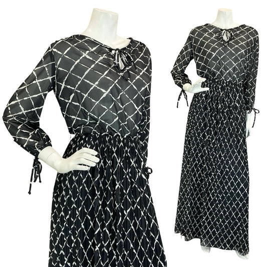 VTG 70S BLACK WHITE GEOMETRIC GRID BLOUSON KEYHOLE PLEATED MAXI DRESS 8
