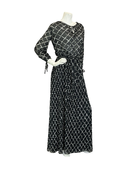 VTG 70S BLACK WHITE GEOMETRIC GRID BLOUSON KEYHOLE PLEATED MAXI DRESS 8