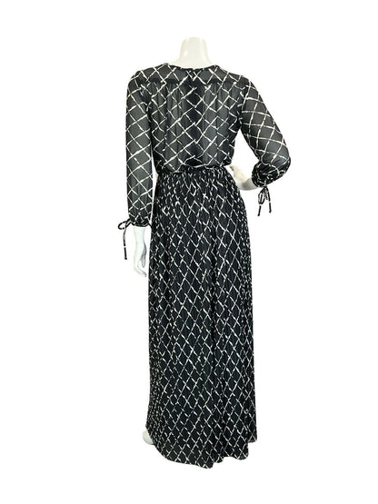 VTG 70S BLACK WHITE GEOMETRIC GRID BLOUSON KEYHOLE PLEATED MAXI DRESS 8