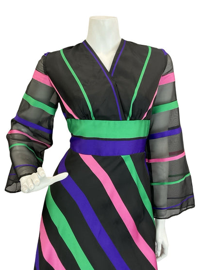 VTG 60S 70S VERA MONT BLACK GREEN PINK PURPLE STRIPED WIDE SLEEVE MAXI DRESS 10
