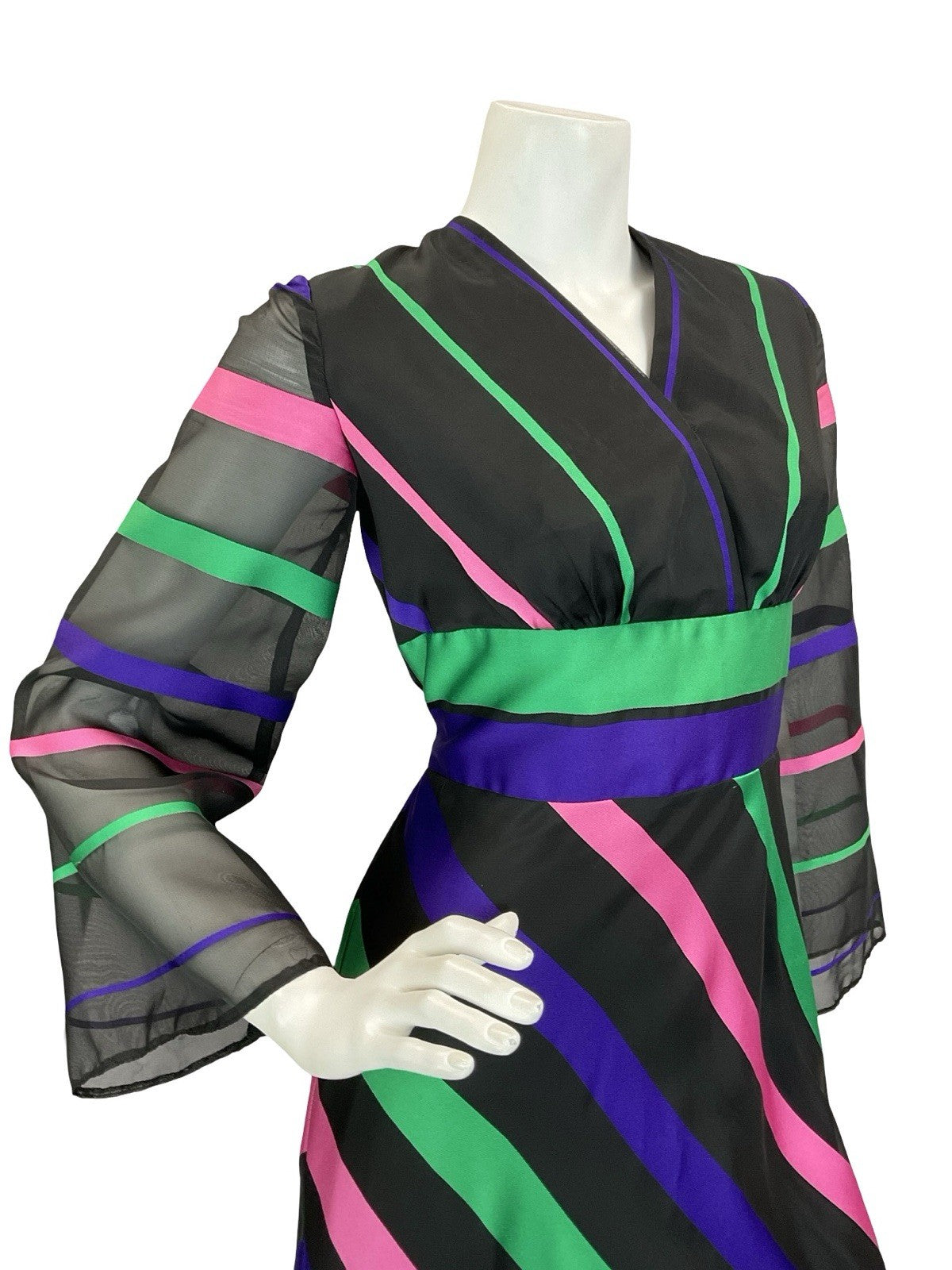 VTG 60S 70S VERA MONT BLACK GREEN PINK PURPLE STRIPED WIDE SLEEVE MAXI DRESS 10