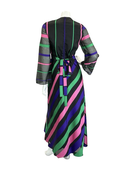 VTG 60S 70S VERA MONT BLACK GREEN PINK PURPLE STRIPED WIDE SLEEVE MAXI DRESS 10
