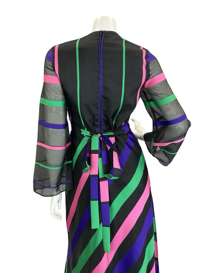 VTG 60S 70S VERA MONT BLACK GREEN PINK PURPLE STRIPED WIDE SLEEVE MAXI DRESS 10
