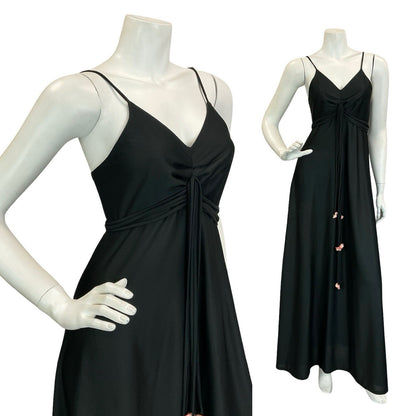 VTG 60S 70S BLACK PINK EMPIRE STRAPPY FLOWER BOHO MAXI DRESS 4 6