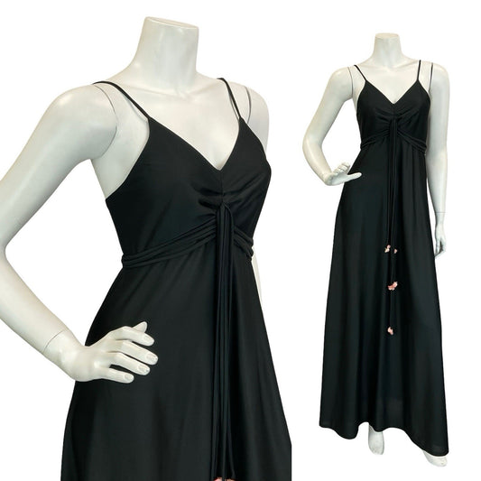 VTG 60S 70S BLACK PINK EMPIRE STRAPPY FLOWER BOHO MAXI DRESS 4 6