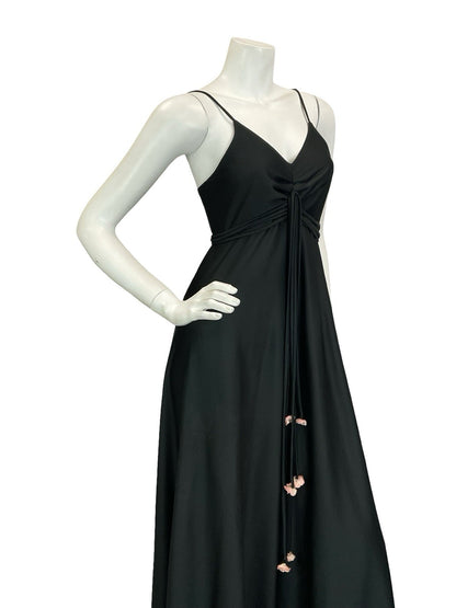 VTG 60S 70S BLACK PINK EMPIRE STRAPPY FLOWER BOHO MAXI DRESS 4 6