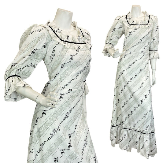 VTG 60S 70S BLACK WHITE GREY FLORAL STRIPE RUFFLE PRAIRIE COTTAGE MAXI DRESS 8