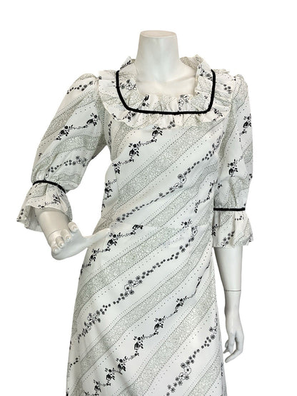 VTG 60S 70S BLACK WHITE GREY FLORAL STRIPE RUFFLE PRAIRIE COTTAGE MAXI DRESS 8