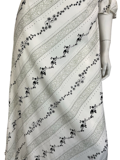 VTG 60S 70S BLACK WHITE GREY FLORAL STRIPE RUFFLE PRAIRIE COTTAGE MAXI DRESS 8