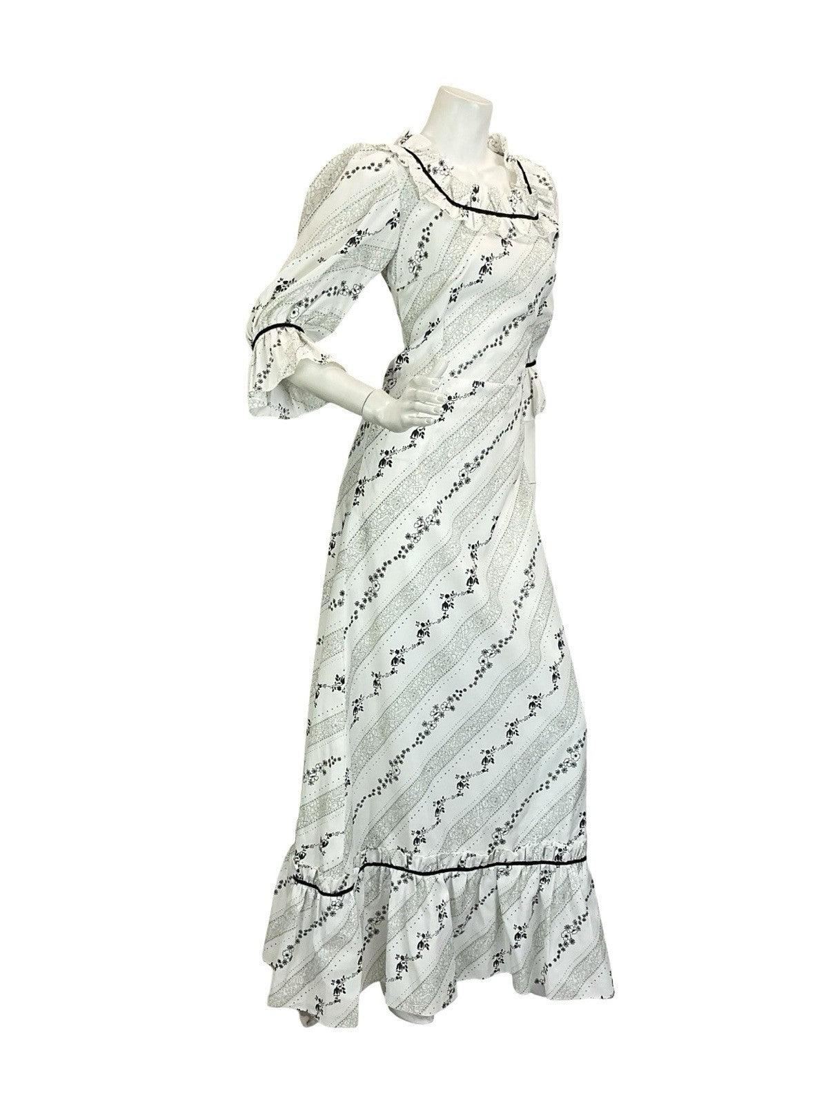 VTG 60S 70S BLACK WHITE GREY FLORAL STRIPE RUFFLE PRAIRIE COTTAGE MAXI DRESS 8