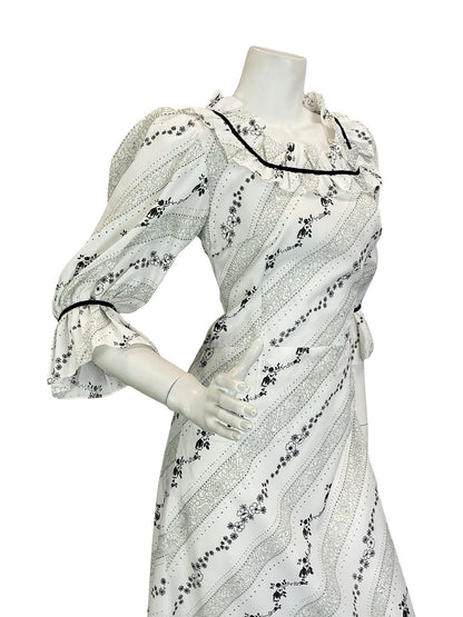 VTG 60S 70S BLACK WHITE GREY FLORAL STRIPE RUFFLE PRAIRIE COTTAGE MAXI DRESS 8
