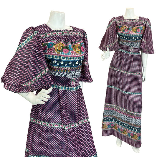 VTG 70S BLUE PINK WHITE GREEN FLORAL FOLK BOHO BUTTERFLY SLEEVE MAXI DRESS 8