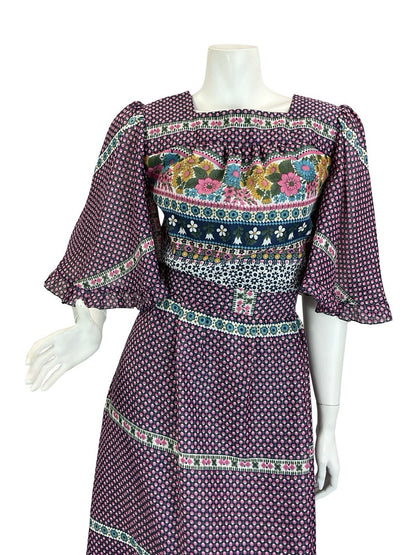 VTG 70S BLUE PINK WHITE GREEN FLORAL FOLK BOHO BUTTERFLY SLEEVE MAXI DRESS 8