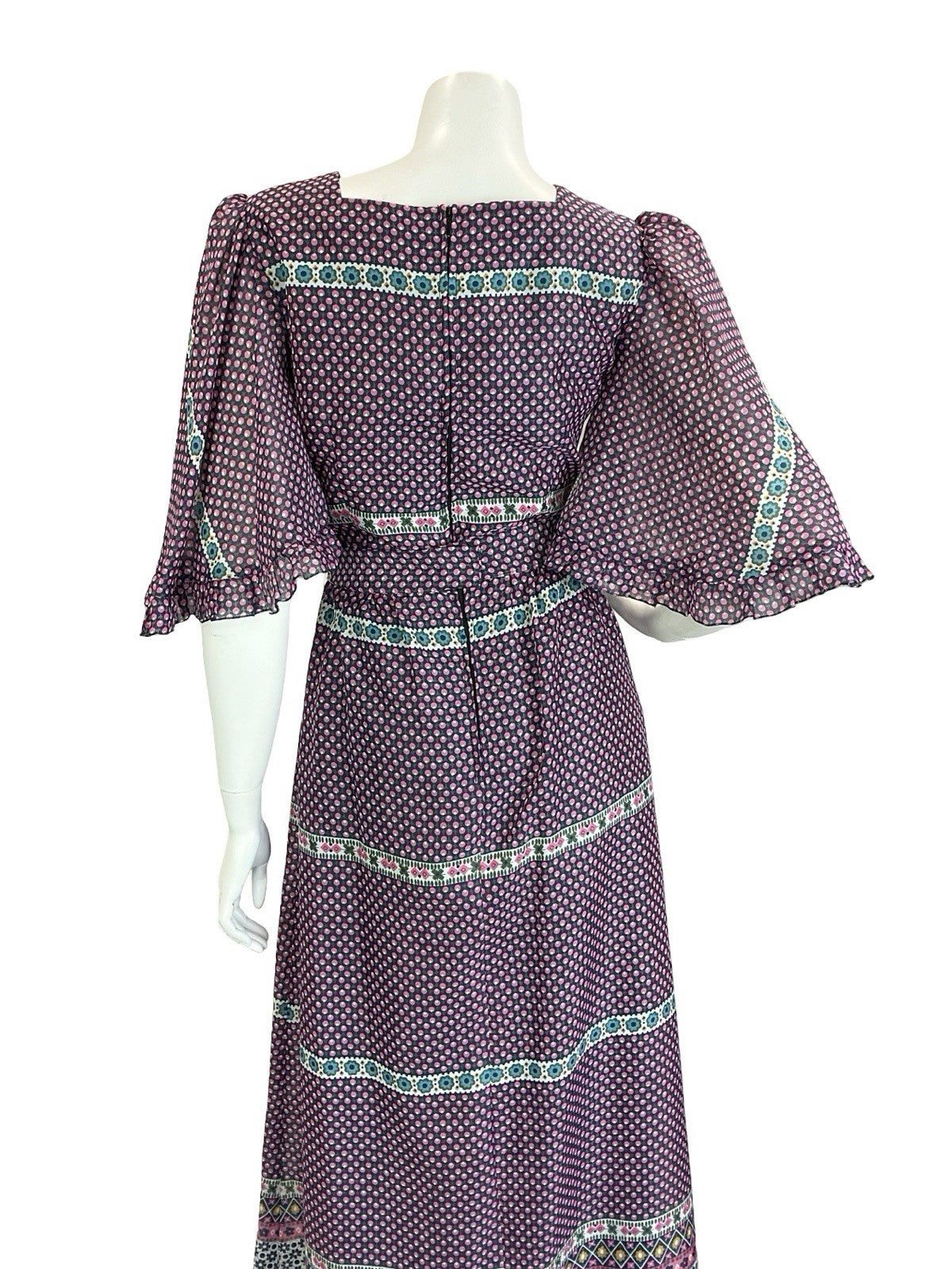 VTG 70S BLUE PINK WHITE GREEN FLORAL FOLK BOHO BUTTERFLY SLEEVE MAXI DRESS 8