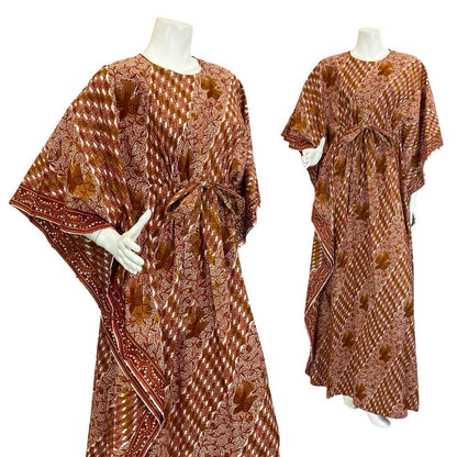 VTG 60S 70S BROWN WHITE TILED BIRD TREE BOHO TIE WAIST KAFTAN DRESS 6 8 10
