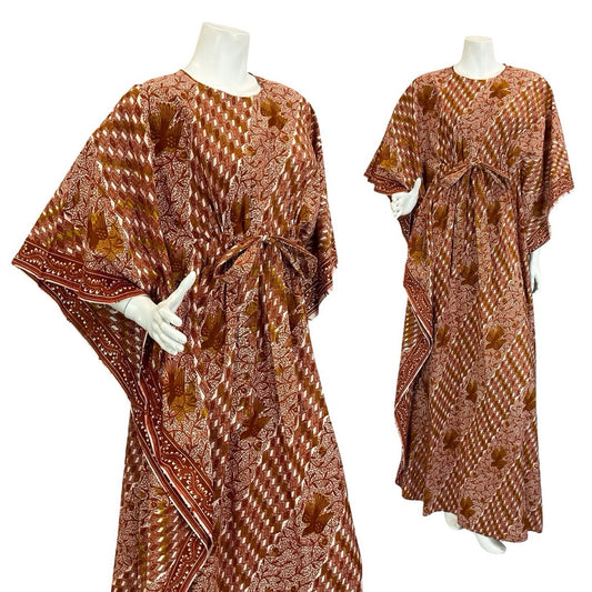 VTG 60S 70S BROWN WHITE TILED BIRD TREE BOHO TIE WAIST KAFTAN DRESS 6 8 10