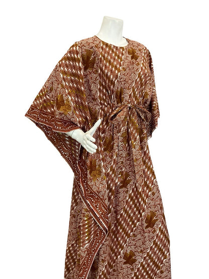 VTG 60S 70S BROWN WHITE TILED BIRD TREE BOHO TIE WAIST KAFTAN DRESS 6 8 10