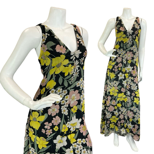 VTG 60S 70S BLACK YELLOW WHITE GREEN PINK FLORAL DAFFODIL DAISY MAXI DRESS 12
