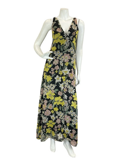 VTG 60S 70S BLACK YELLOW WHITE GREEN PINK FLORAL DAFFODIL DAISY MAXI DRESS 12
