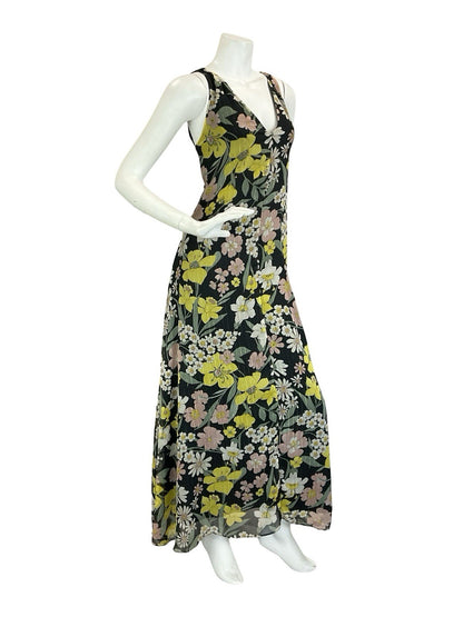 VTG 60S 70S BLACK YELLOW WHITE GREEN PINK FLORAL DAFFODIL DAISY MAXI DRESS 12