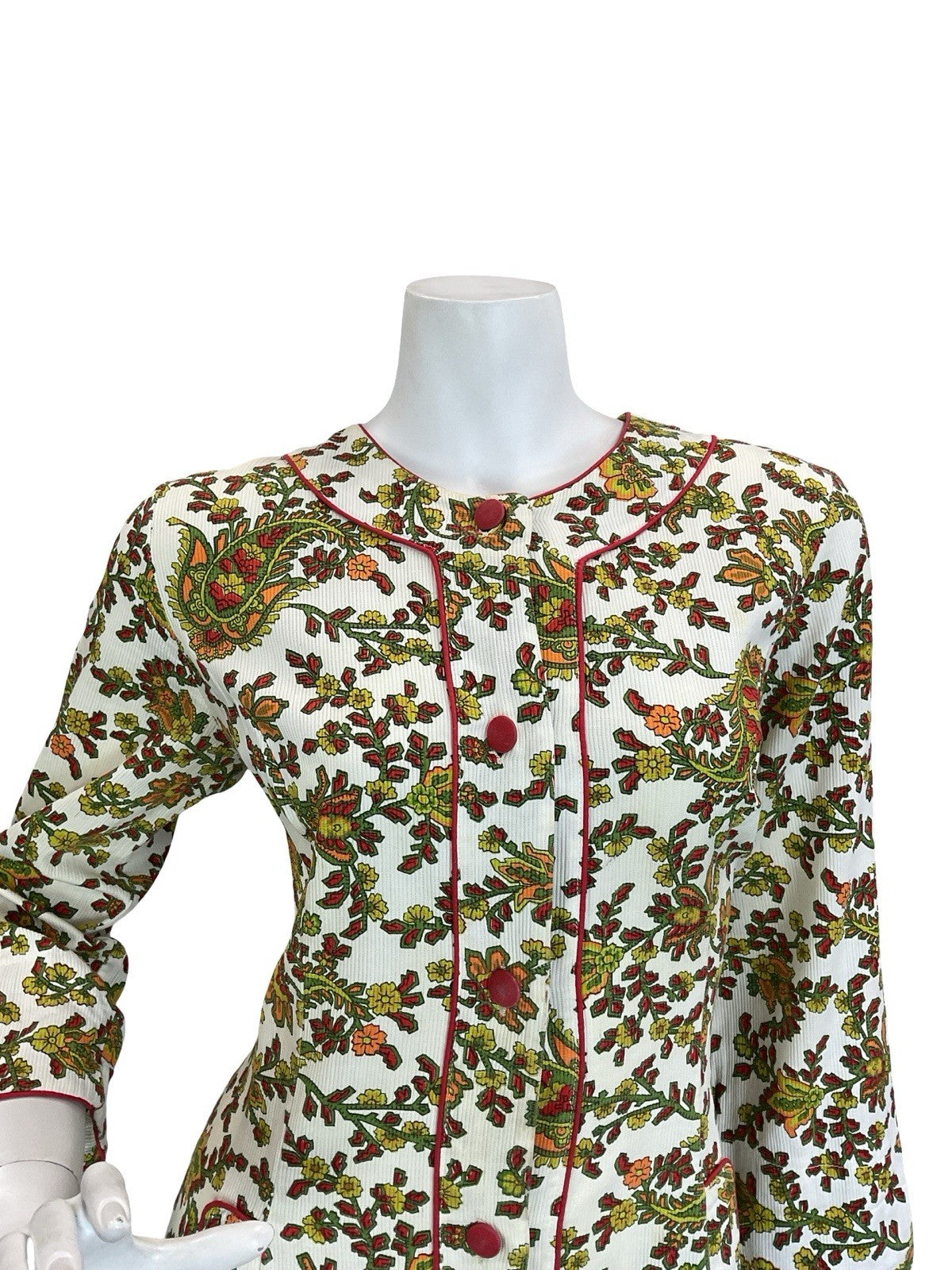 VTG 60S 70S WHITE RED GREEN ORANGE PAISLEY FLORAL PIXEL COTTON MAXI DRESS 10