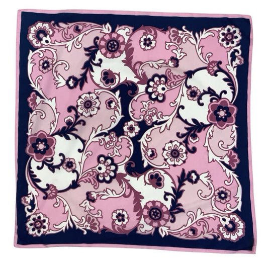 VTG 60S 70S NAVY BLUE PINK WHITE PSYCHEDELIC SWIRLING FLORAL PAISLEY SCARF