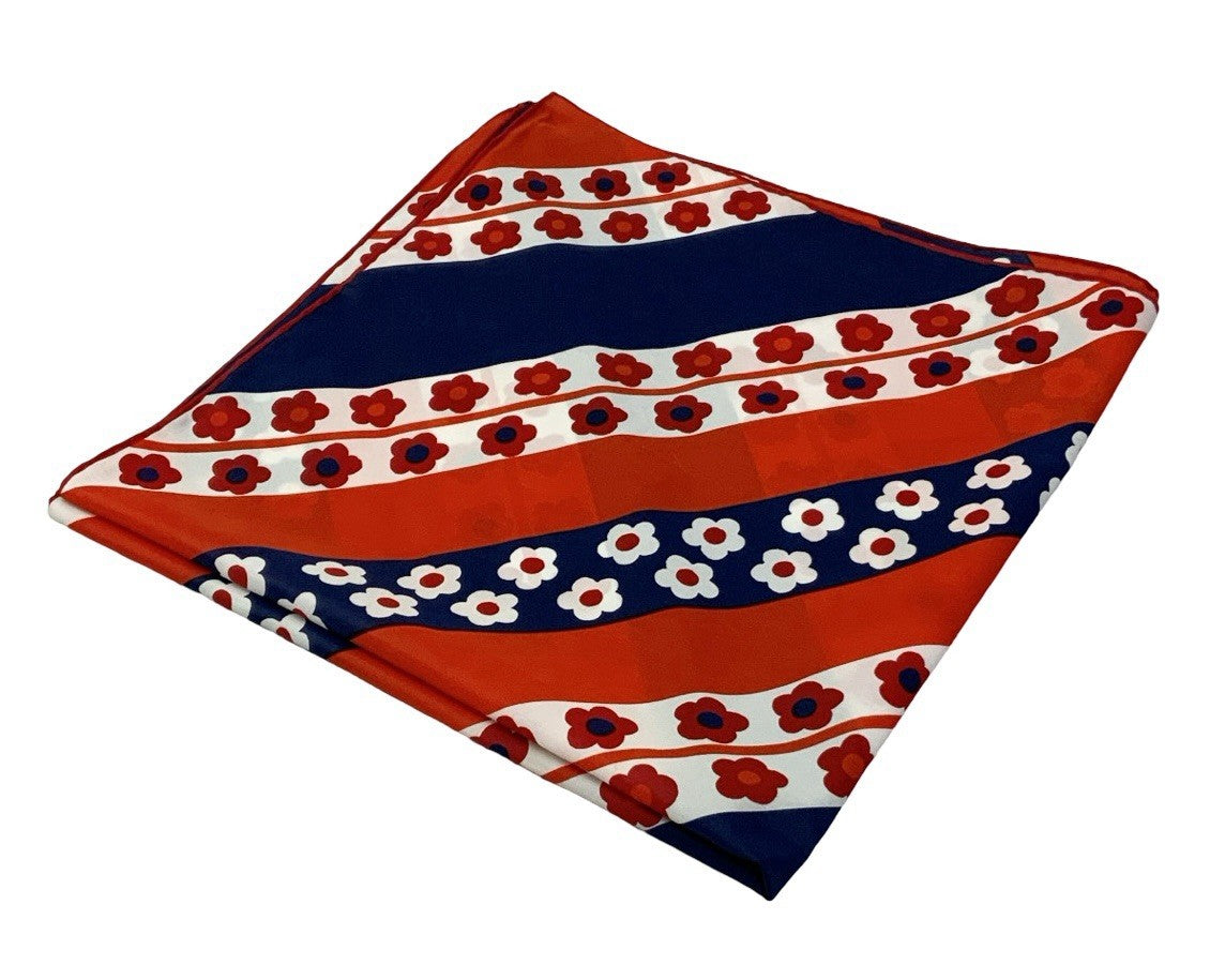 VTG 60S 70S GEOMETRIC MOD RED WHITE NAVY BLUE DAISY FLORAL STRIPE SCARF